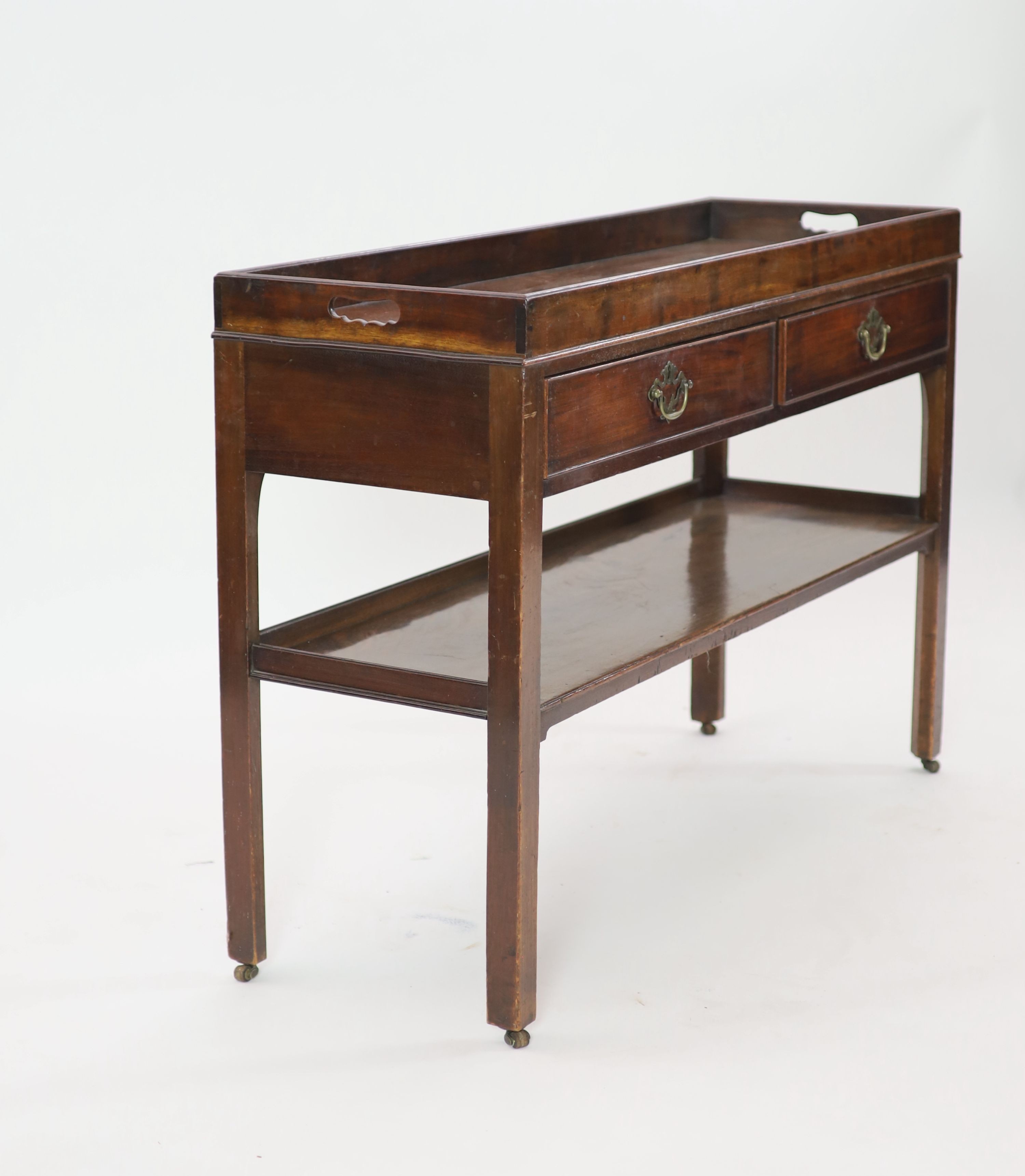 A George III mahogany tray top side table, W.115cm D.38cm H.79cm